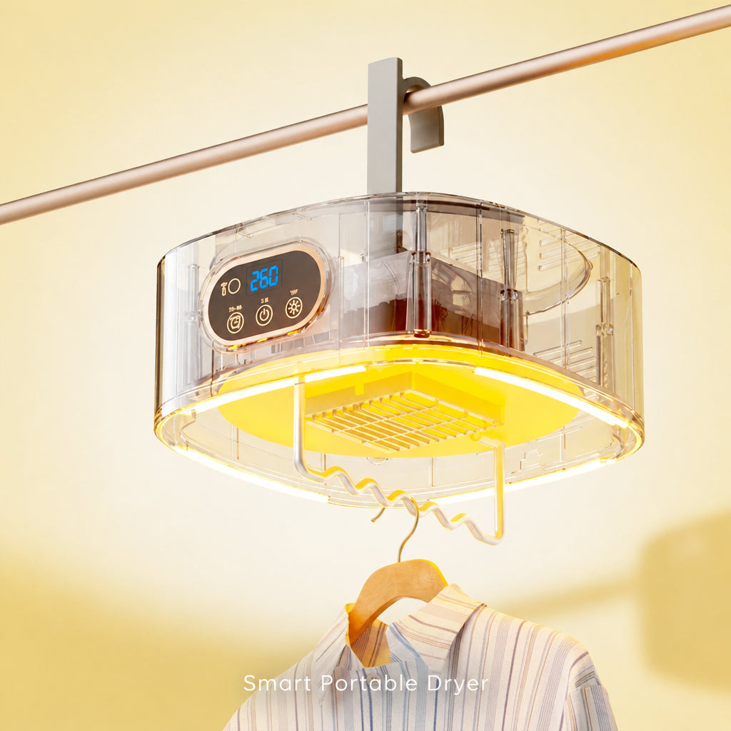 A clear cylindrical hanging garment dryer with a digital control display and warm yellow light, suspended from a metal rail with a striped shirt hanging below on a wooden hanger.